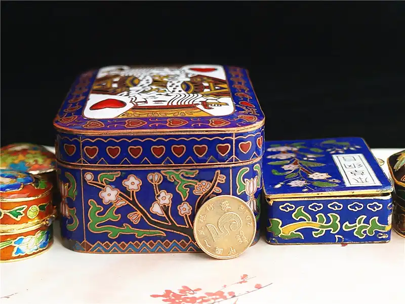 Complete cloisonne box set showing individual pieces with their unique characteristics and variations.
