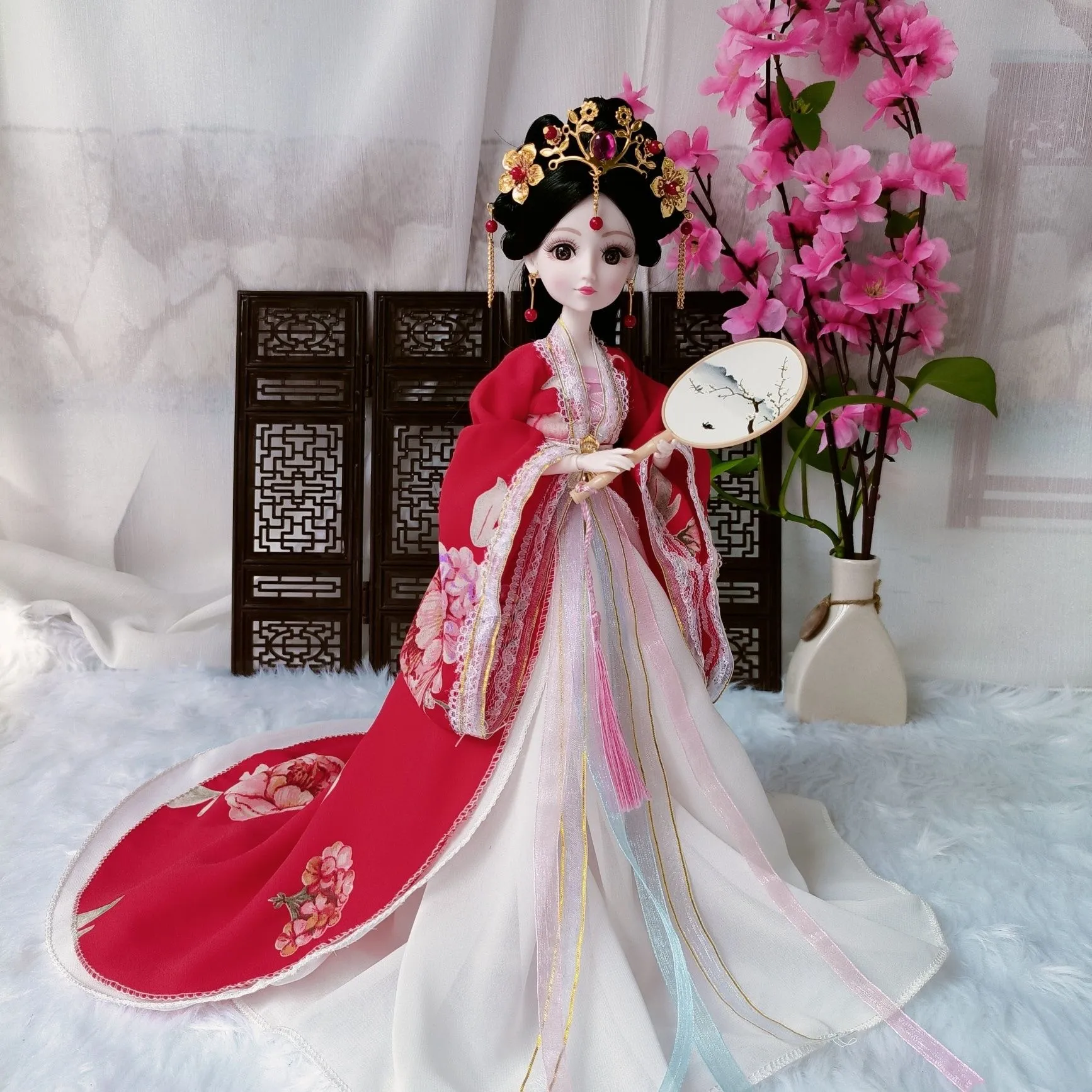 Close-up of intricate embroidery patterns and traditional Chinese design elements on Hanfu dress.