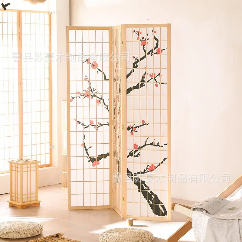 Solid wood screen partition creating privacy area in open floor plan modern home layout.