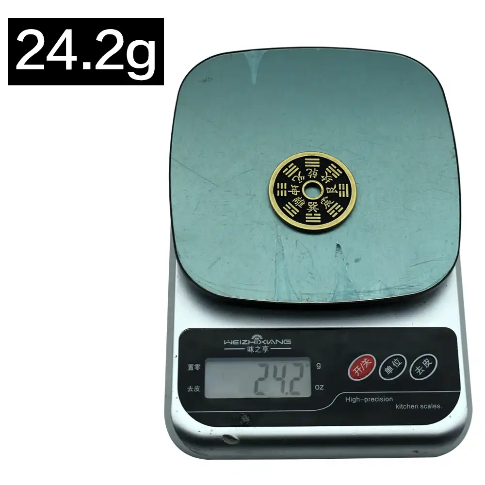 Comparative size view of 40mm bagua medallions next to common household items.