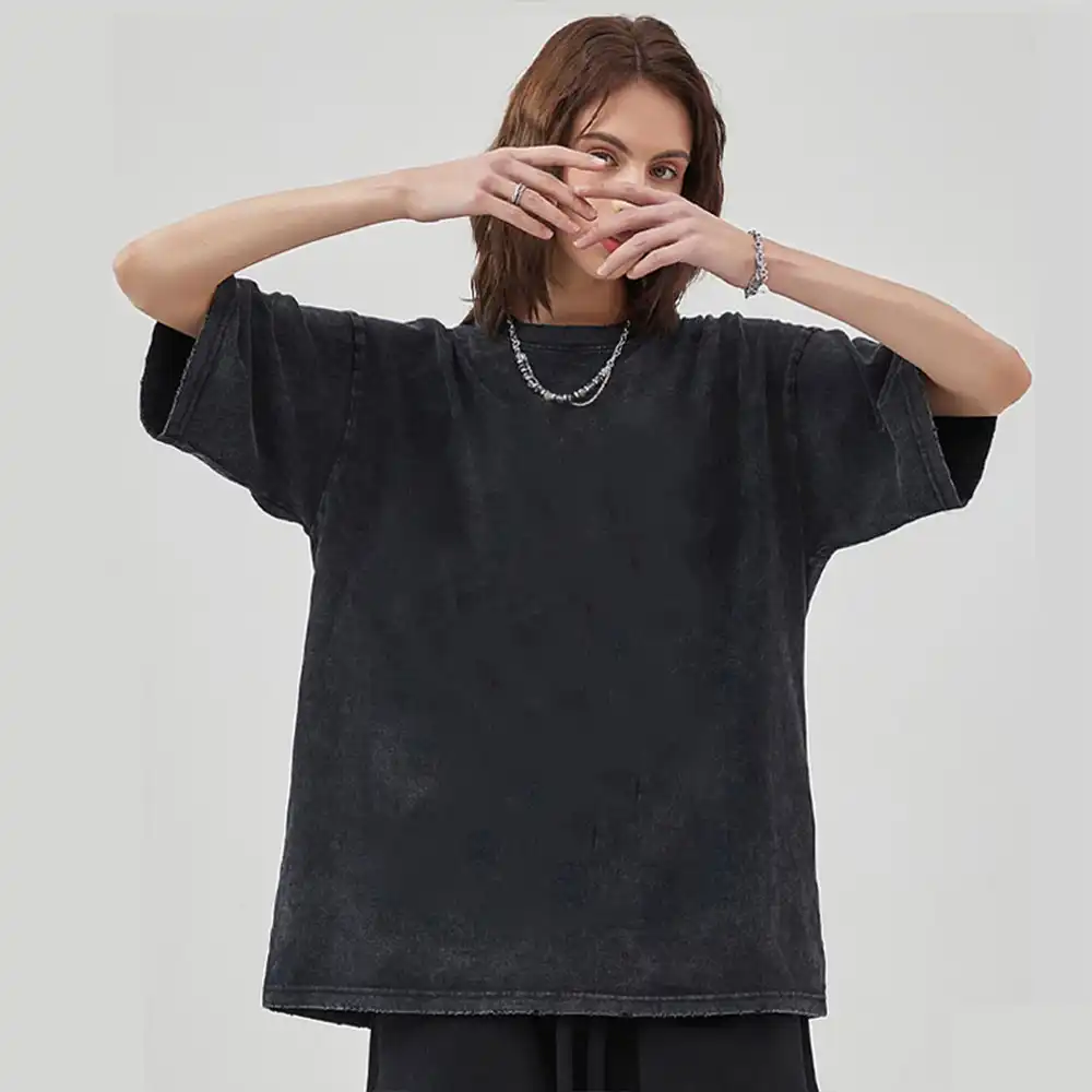 Washed black anime graphic tee with O-neck, back close-up view..
