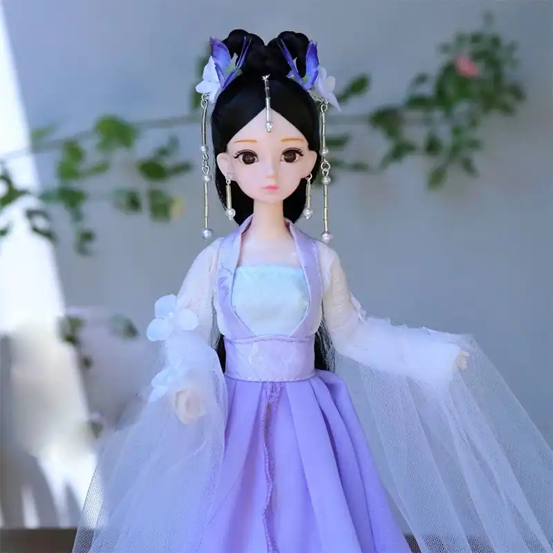 Full body view of Hanfu doll wearing complete ancient costume with flowing robes and sashes.