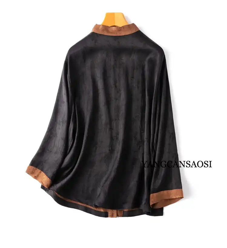 Natural lighting photo of Gambiered Guangdong Gauze jacket highlighting fabric sheen.
