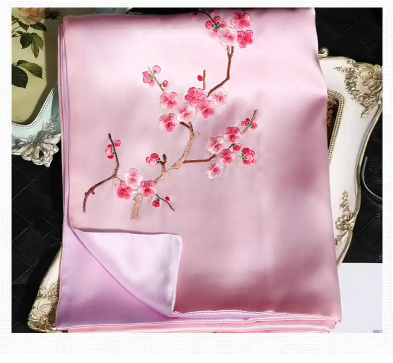Handcrafted luxury scarf showing complete dimensions 155x35cm and premium silk quality.
