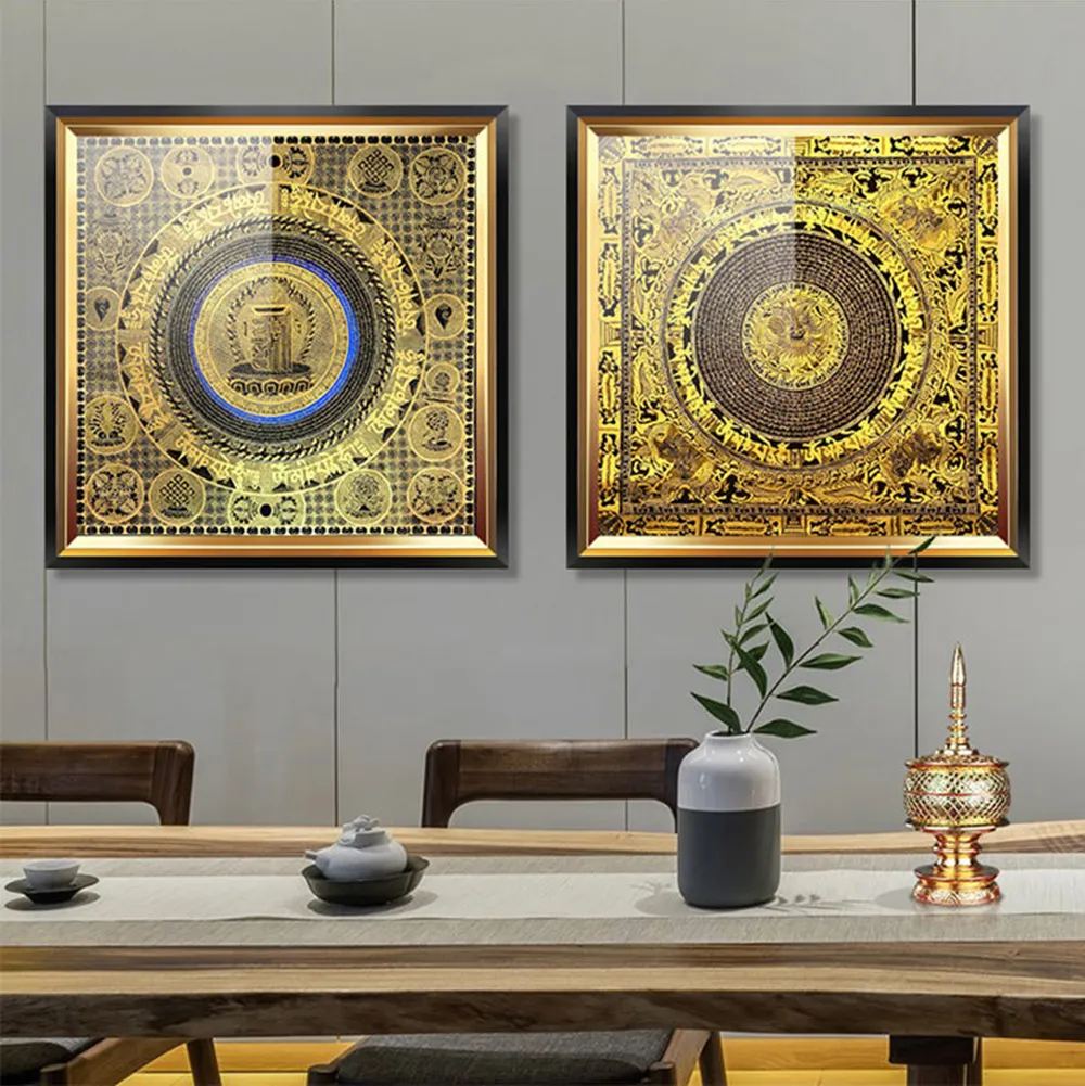 Buddhist wall art collection featuring traditional Tibetan spiritual painting designs.