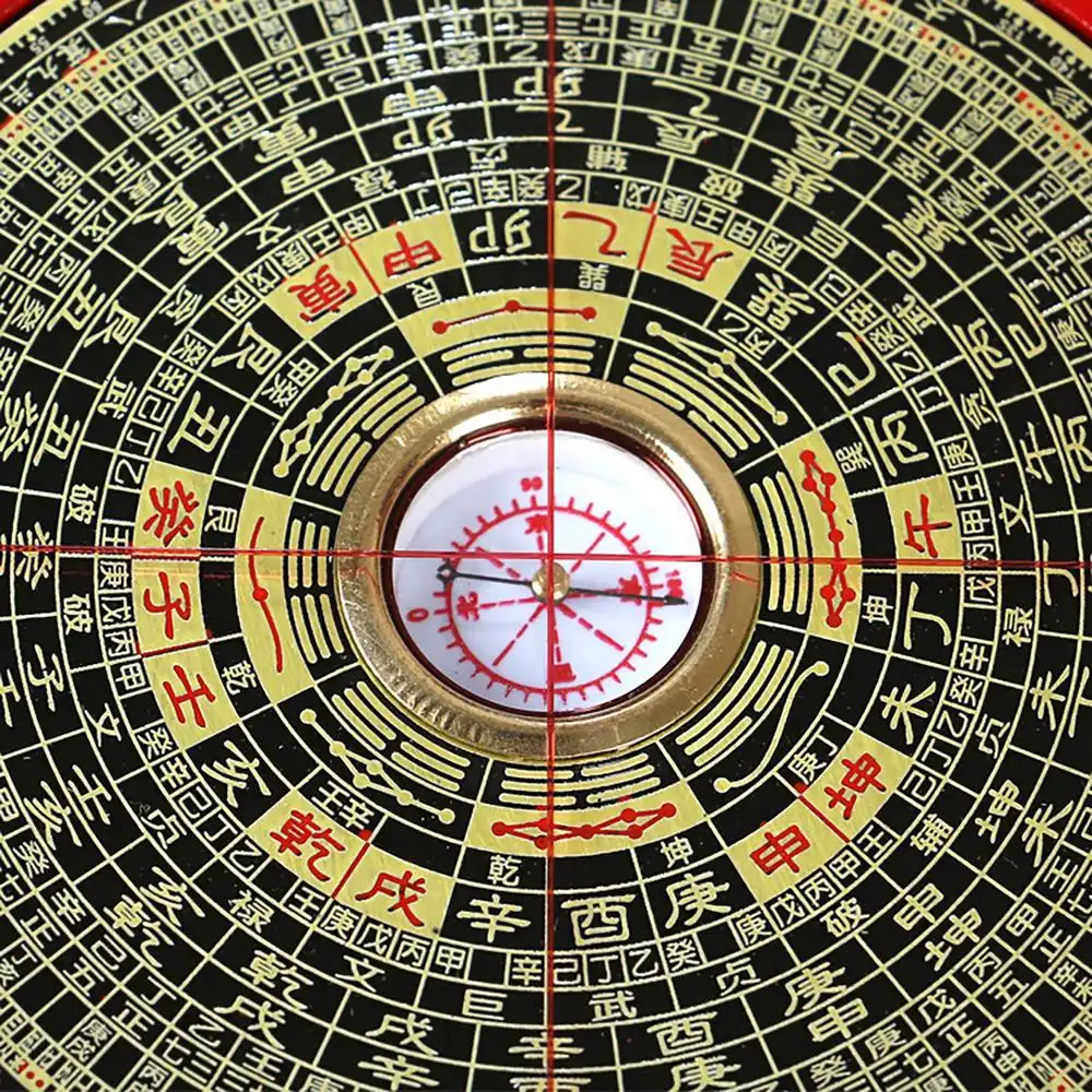Compass positioned for feng shui reading showing professional usage and measurement technique.