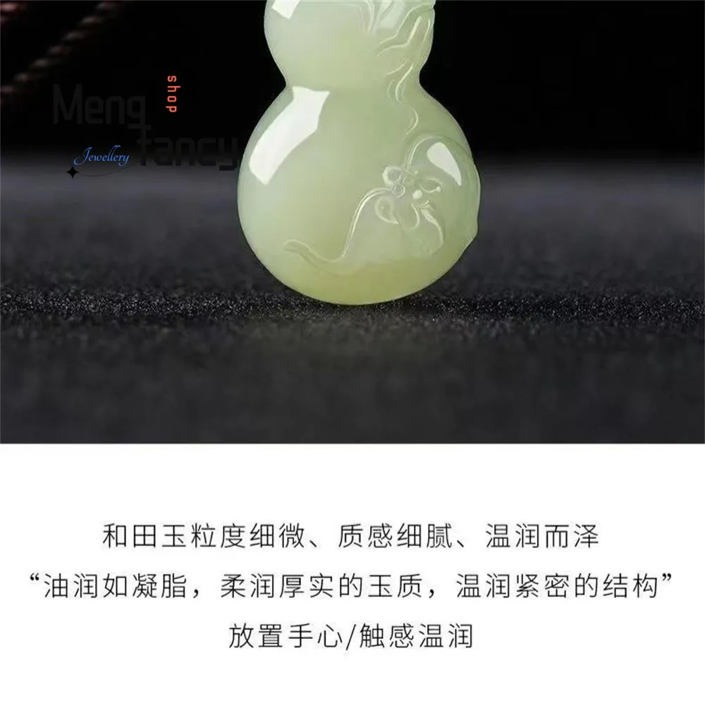 Traditional Chinese jade gourd pendant displayed with cultural symbols and feng shui elements.