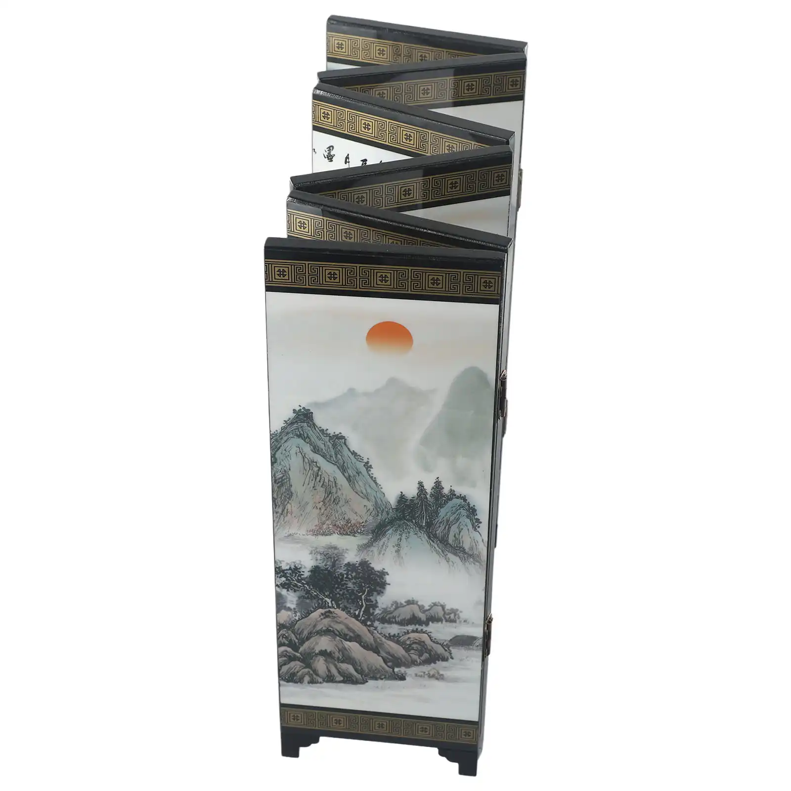 Detailed view of traditional Chinese scenic patterns painted on wooden folding screen panels.
