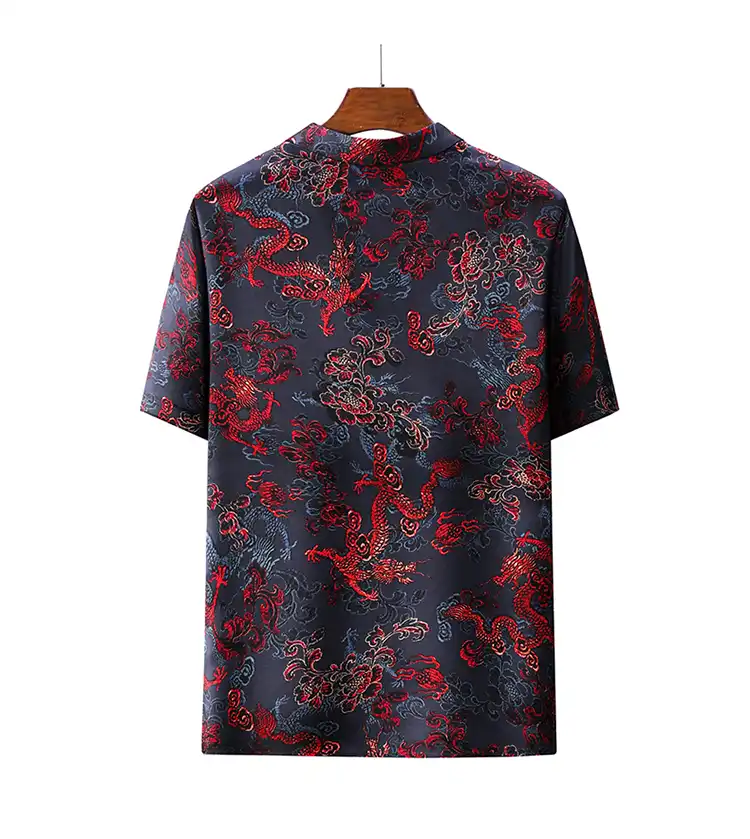 Chinese Tang shirt worn by model demonstrating fit and style for summer casual wear.