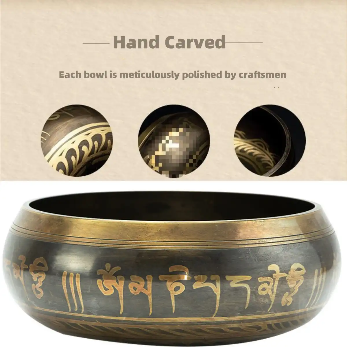Gift packaging presentation of complete Tibetan singing bowl set with all accessories.