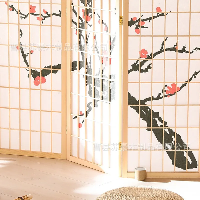 Japanese minimalist design wooden screen divider stored in compact folded position.