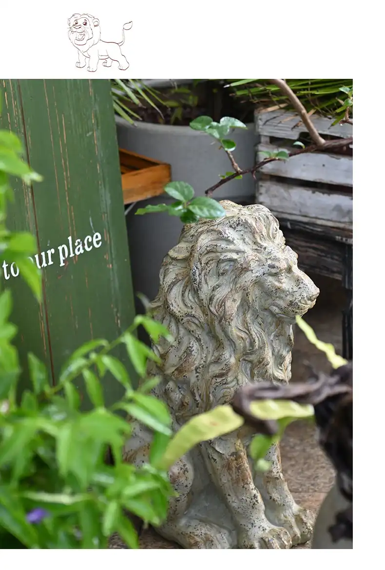 Outdoor lion statues in residential garden setting demonstrating scale and visual impact.