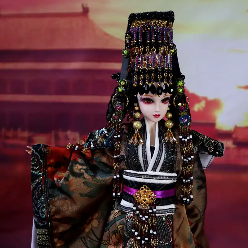 Detail of empress doll costume accessories showing authentic Chinese court elements.
