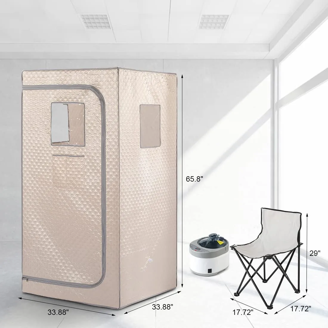 Removable front window feature allowing fresh air access during steam sauna therapy.