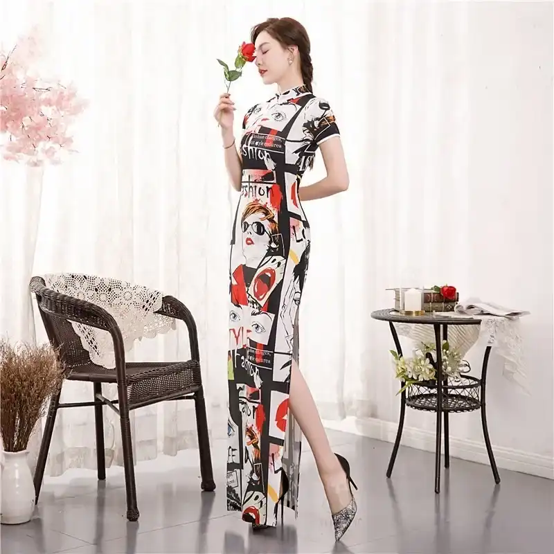 Casual cheongsam dress detail focusing on contemporary cut and ethnic pattern design features.