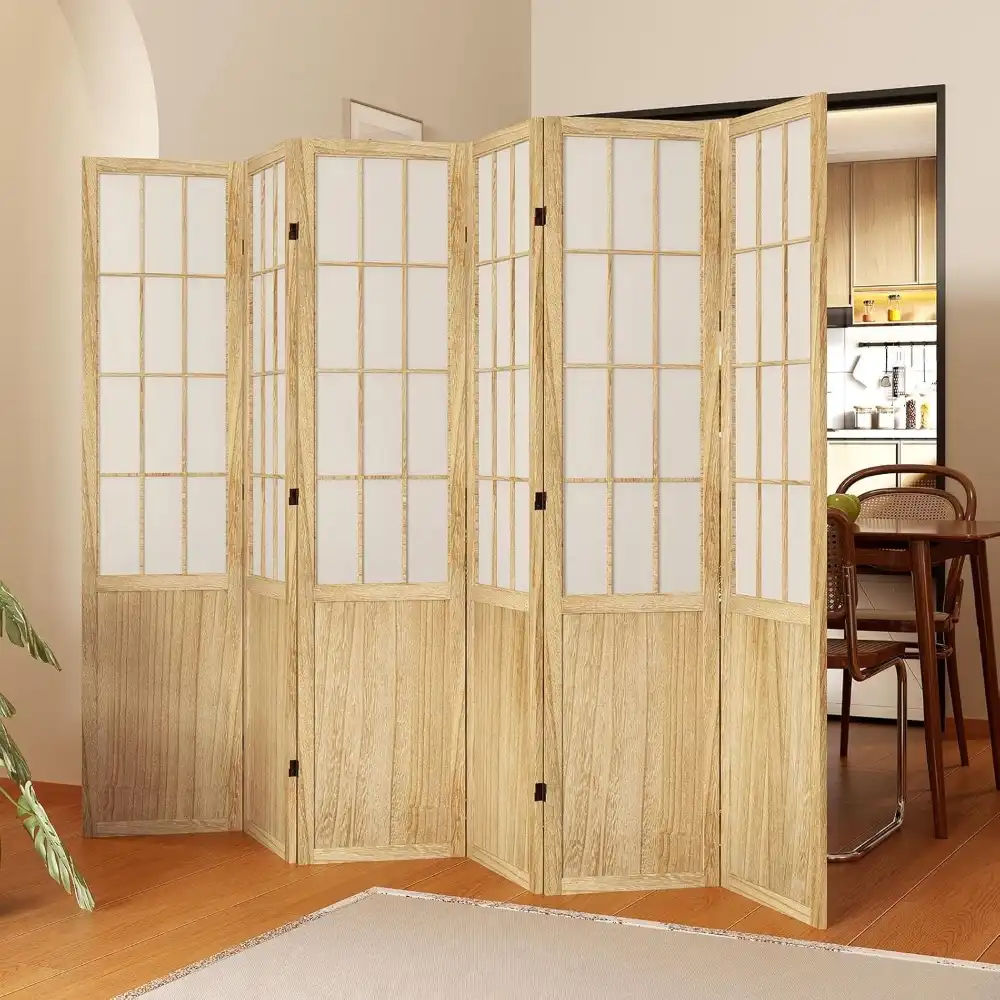 Folded paulownia wood room divider demonstrating compact storage and lightweight portability.