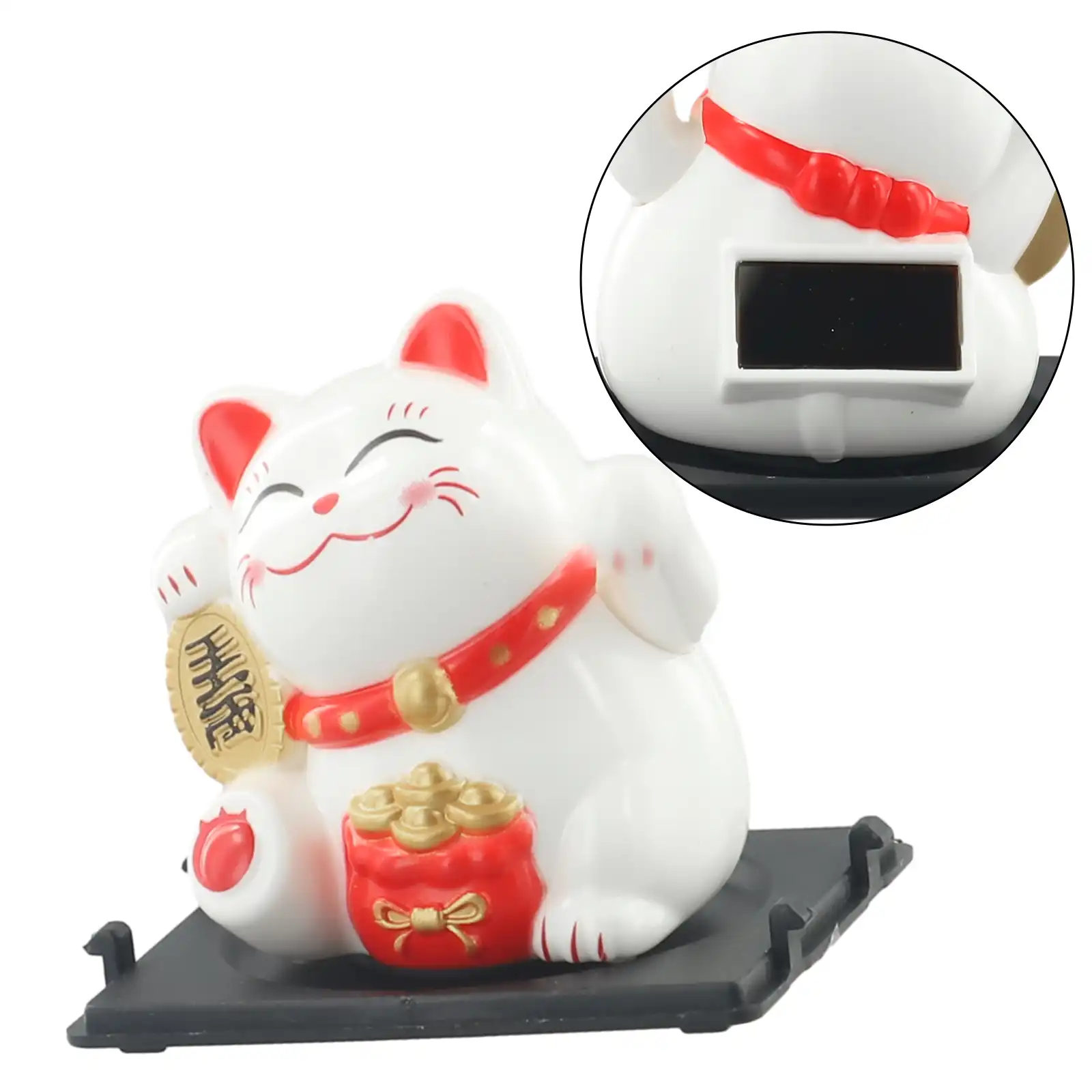 Solar powered waving cat ornament suitable for car enthusiasts and collectors.