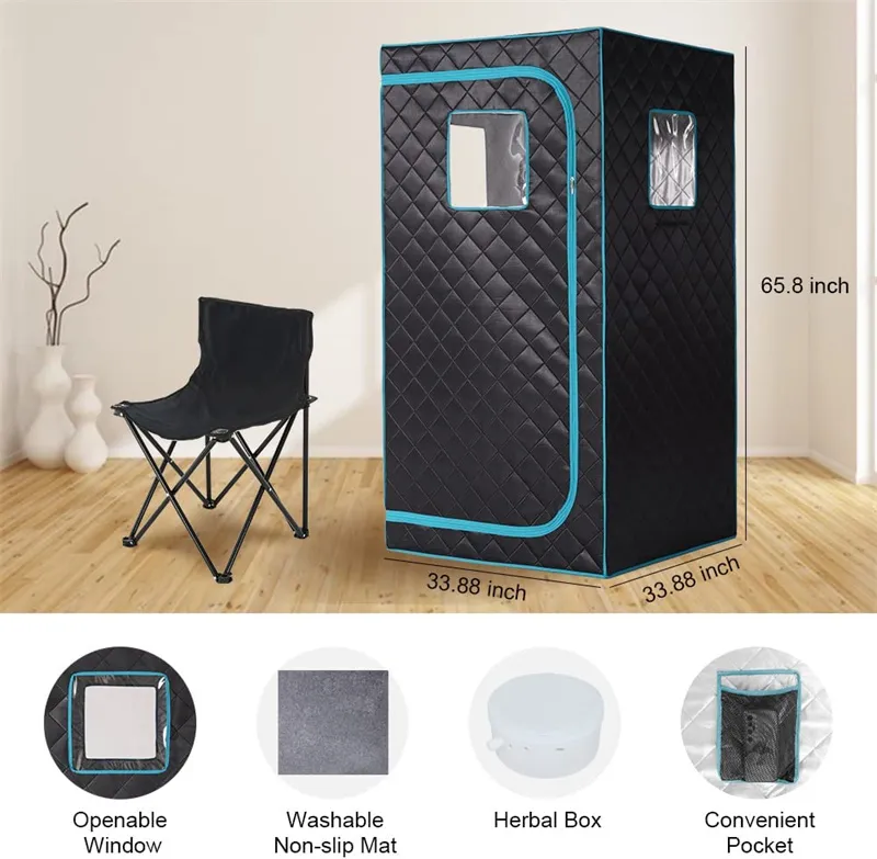 Person enjoying relaxing steam sauna session inside portable home spa tent setup.