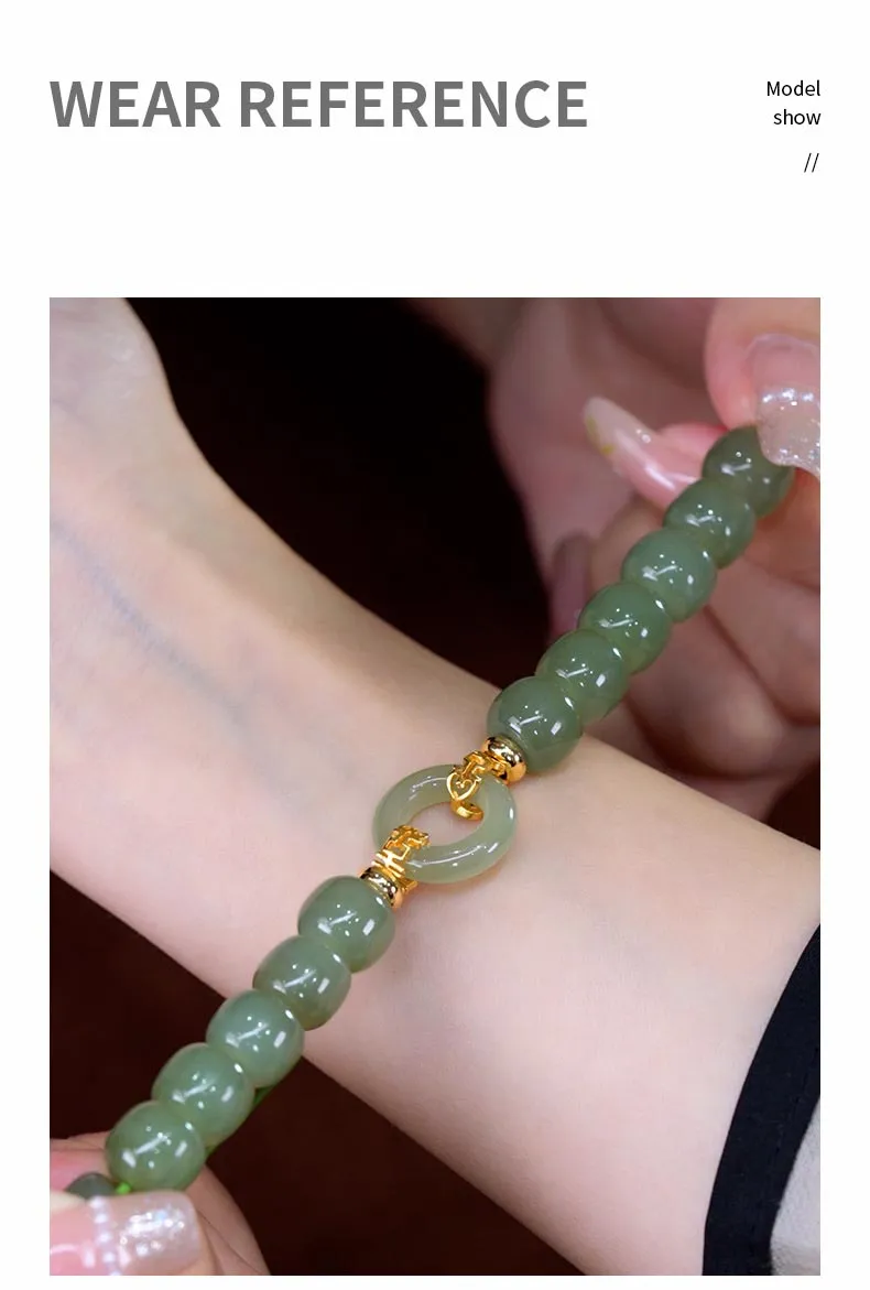 Hetian jade bracelet styled with casual outfit demonstrating versatile everyday fashion appeal.