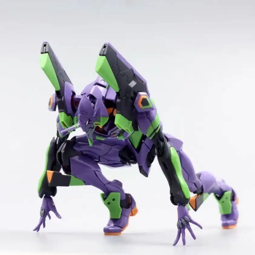 Anime Eva-01 model kit, close-up of arm and weapon parts..