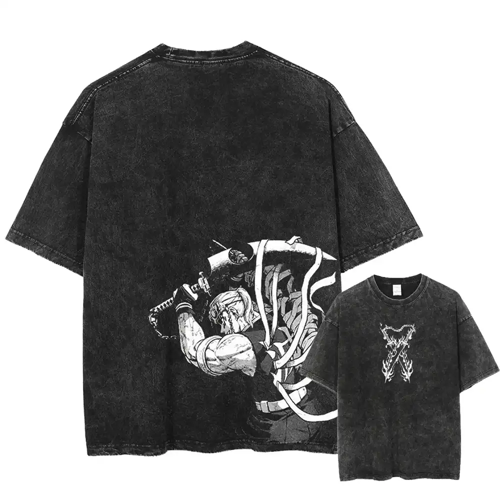 Men's Harajuku anime T-shirt in black, displayed on wooden surface..