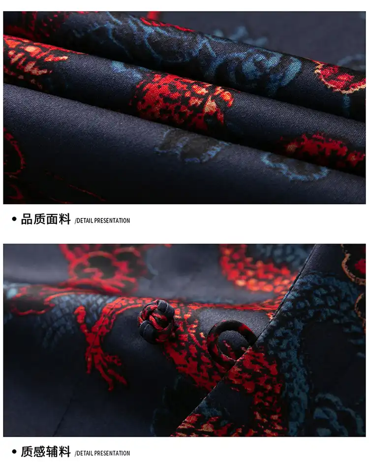 Back view of silk Tang shirt showing traditional print pattern and quality tailoring.