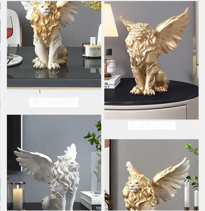 Lion statue positioned near window with soft lighting creating dramatic shadow effects.