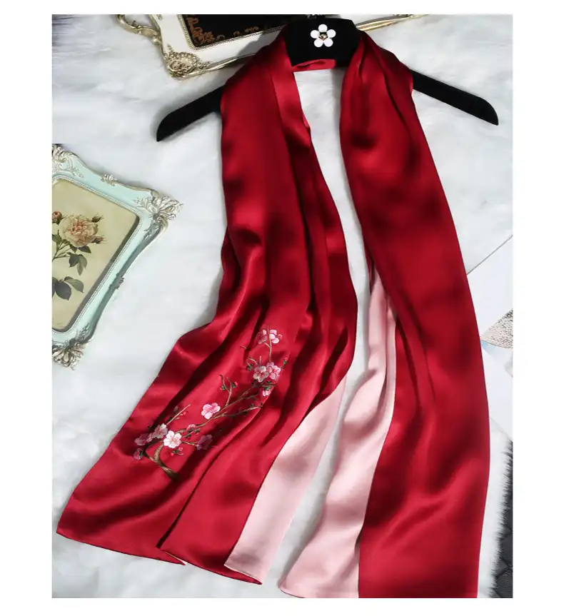 Handmade silk scarf complete view showing elegant floral embroidery and luxury material.