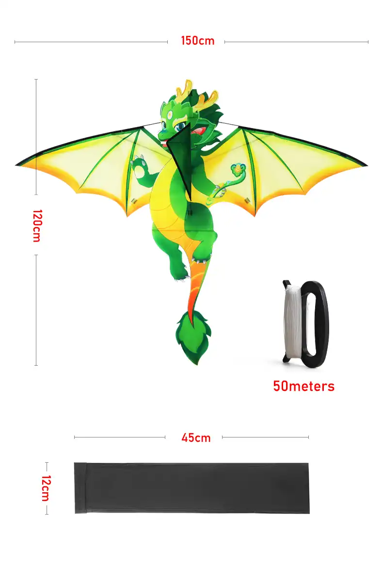 Close up view of dragon kite showing upgraded hot cut craft and polyester fabric quality.