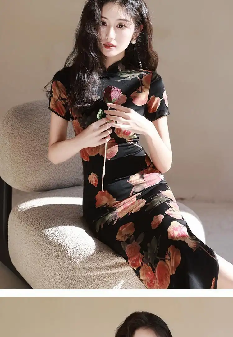 Summer Chinese qipao dress with vintage floral print and high slit design for elegant women.