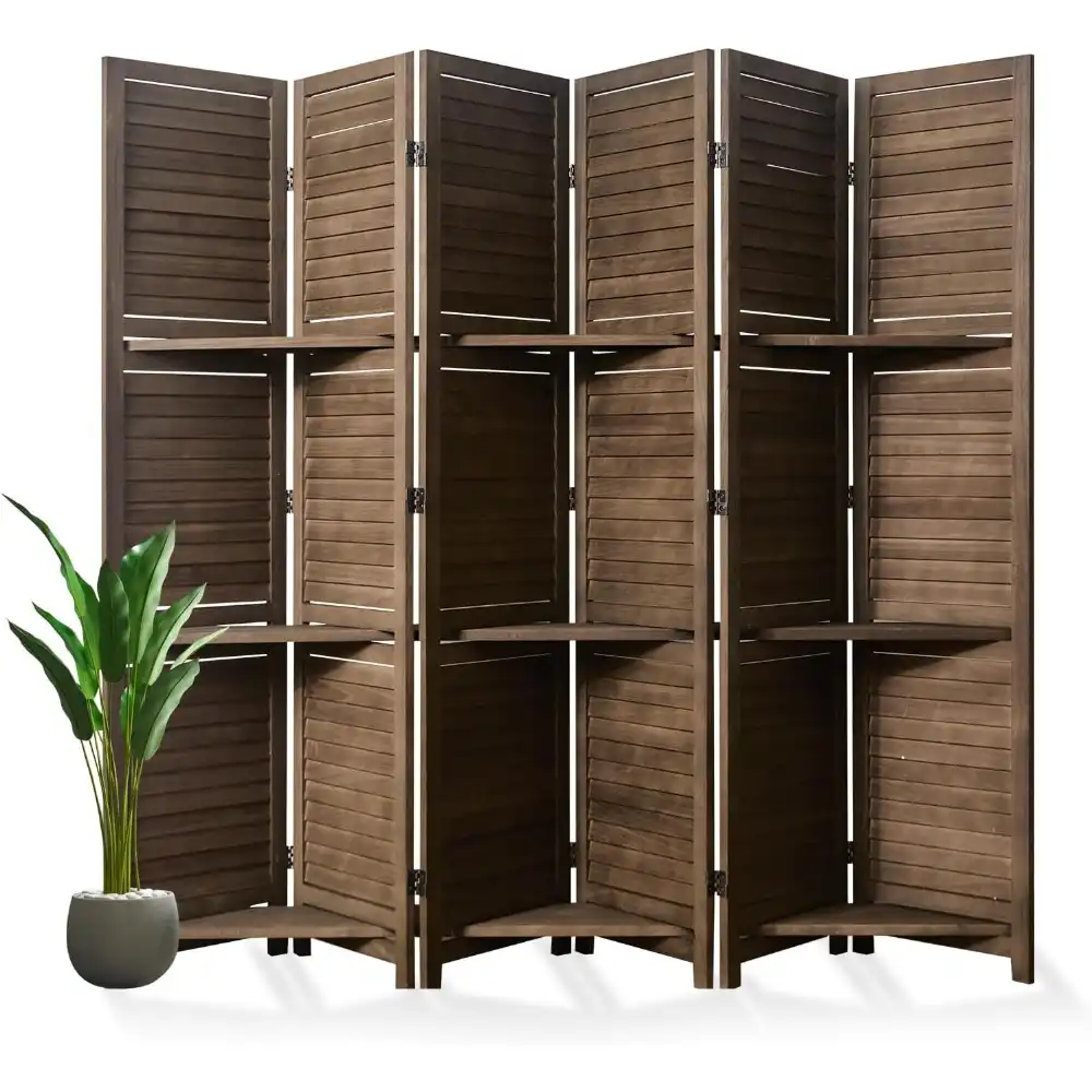Six-panel wood room divider with shelves creating privacy zone in modern home office setting.