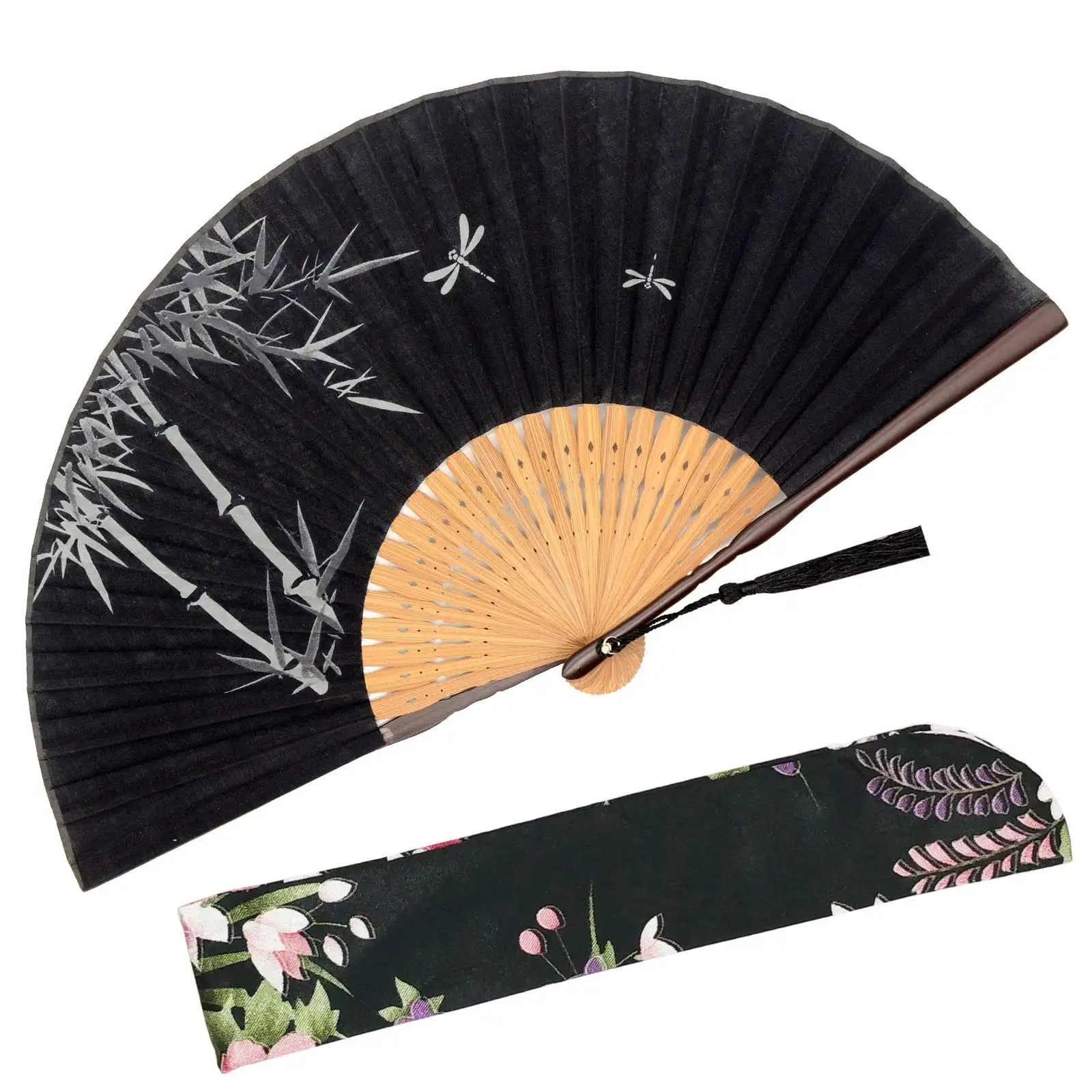 Model holding open silk folding fan demonstrating proper grip and elegant hand positioning.