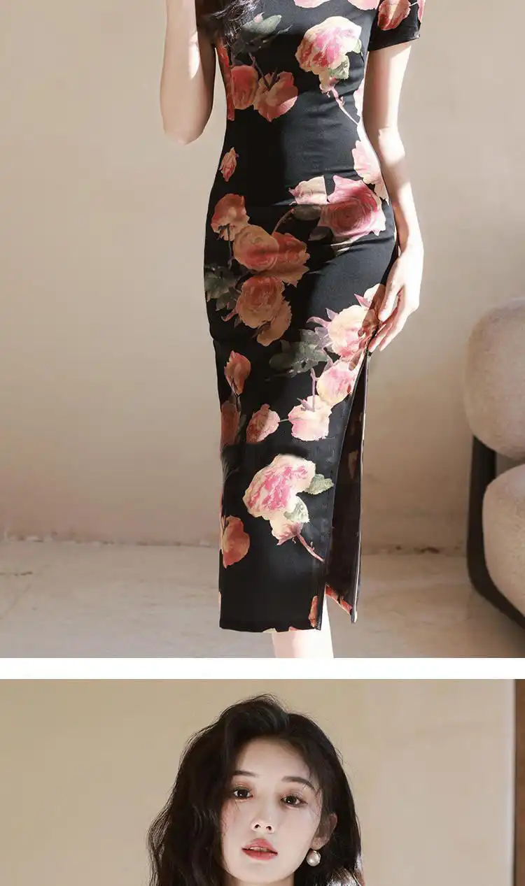 Vintage printed qipao dress collection showing various styling options for different occasions.