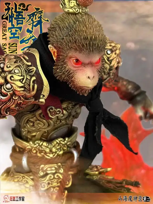 Close-up view of hand-painted facial details and premium PVC construction quality on Wukong figure.