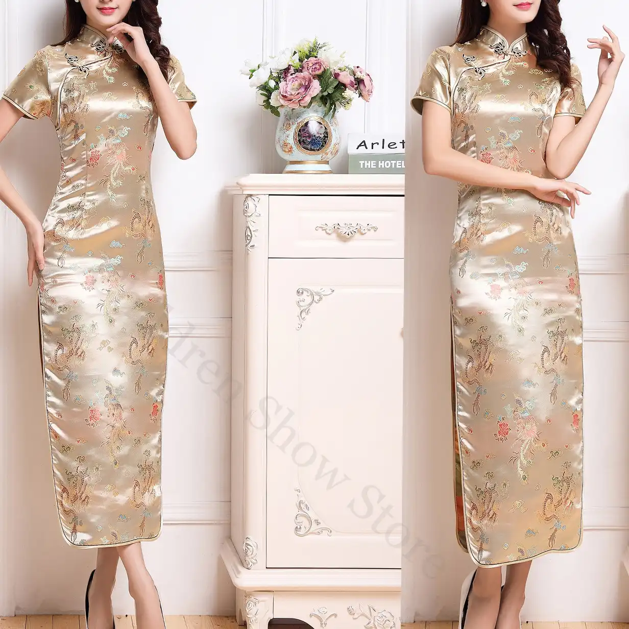 Full length view of dragon phoenix cheongsam dress showing beautiful silhouette and design.