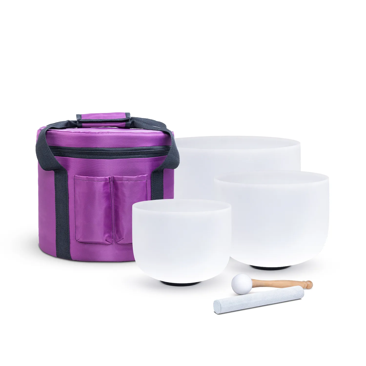 Protective carrying bag with crystal singing bowls and accessories for portable sound healing.