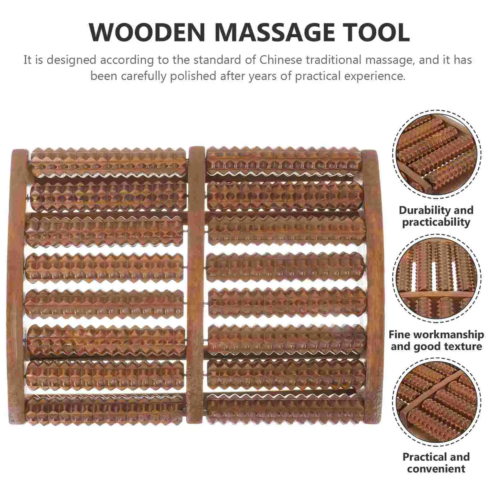 Wooden foot massager roller placed on floor next to bare feet showing scale and everyday usage scenario.