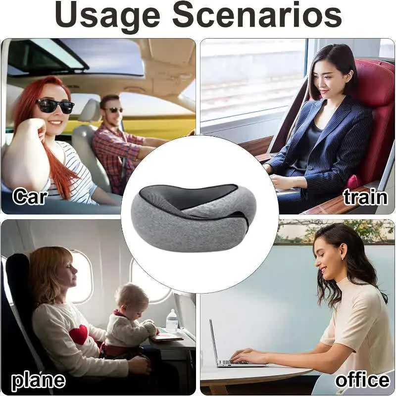Travel scenarios collage showing pillow use in car, train, and office settings.