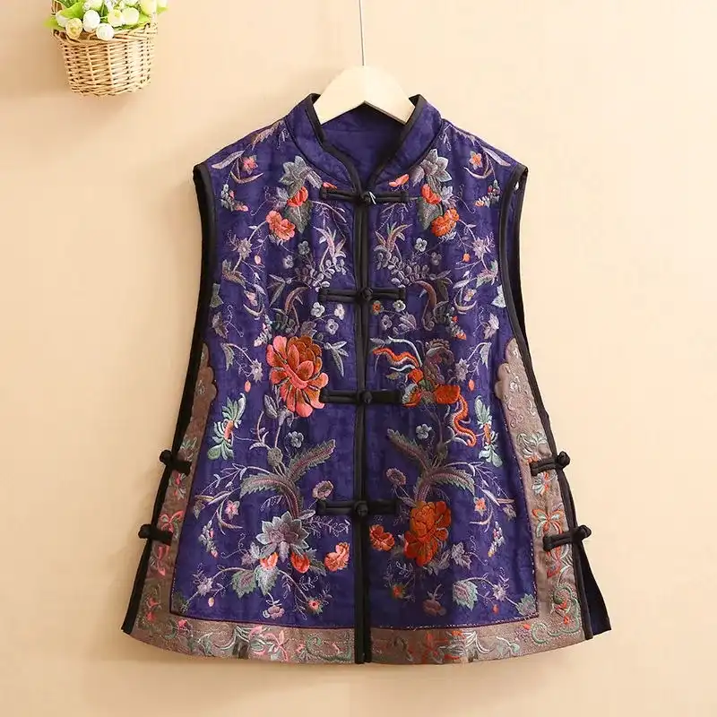 Traditional Chinese floral motif detail on premium cotton linen vest fabric.
