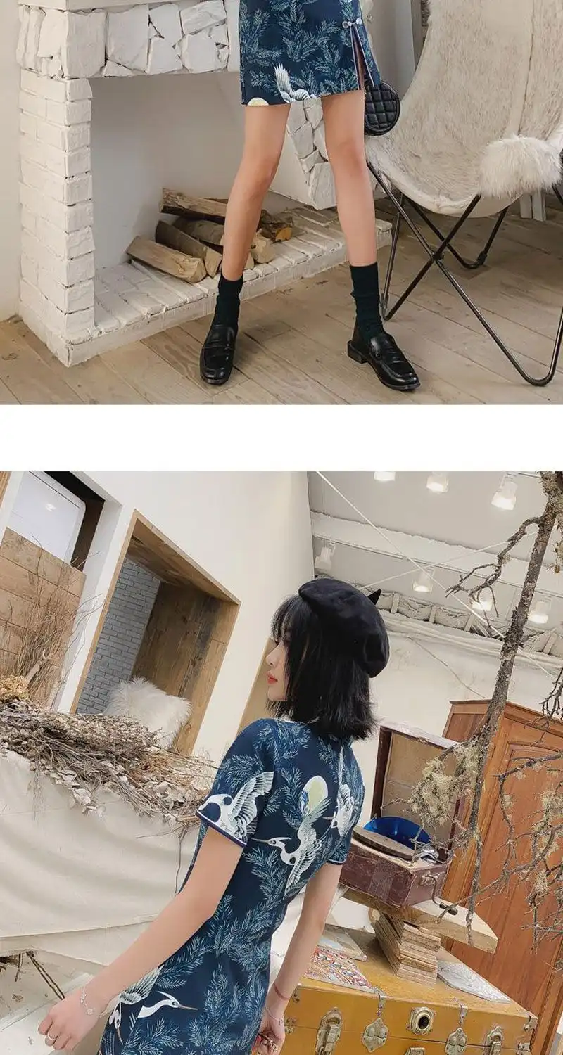 Model wearing crane print cheongsam in outdoor setting showing versatile style appeal.