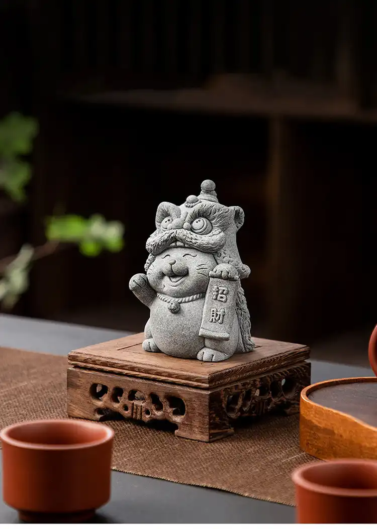 Home decor styling with stone cat tea pet integrated into modern living space.