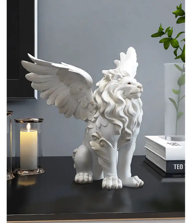 Lion figurine on bathroom vanity counter adding luxury touch to personal care space.