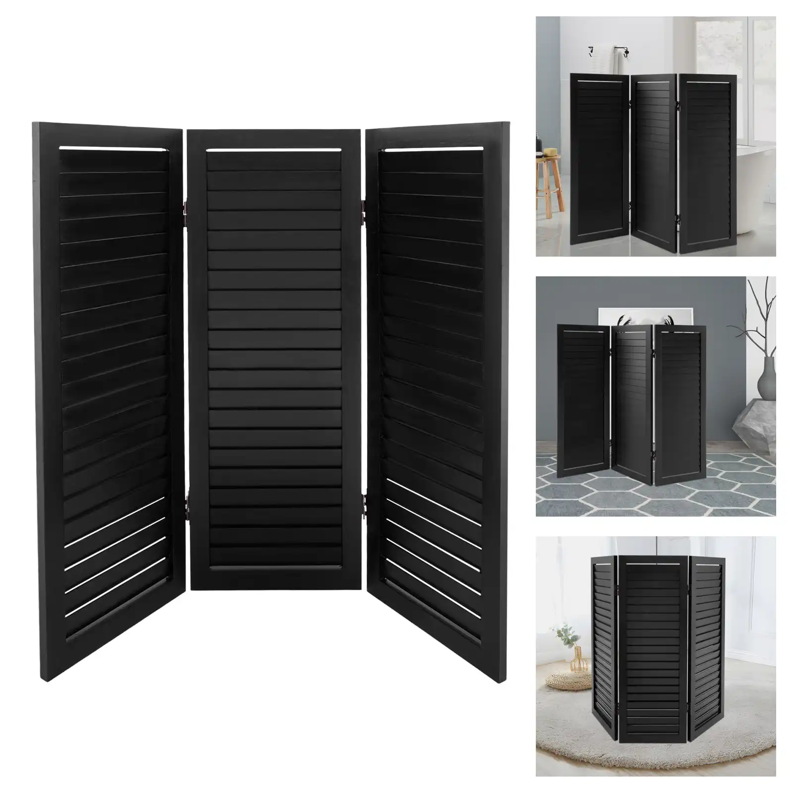 Side angle view of Chinese black room divider showing slim 1-inch depth profile.