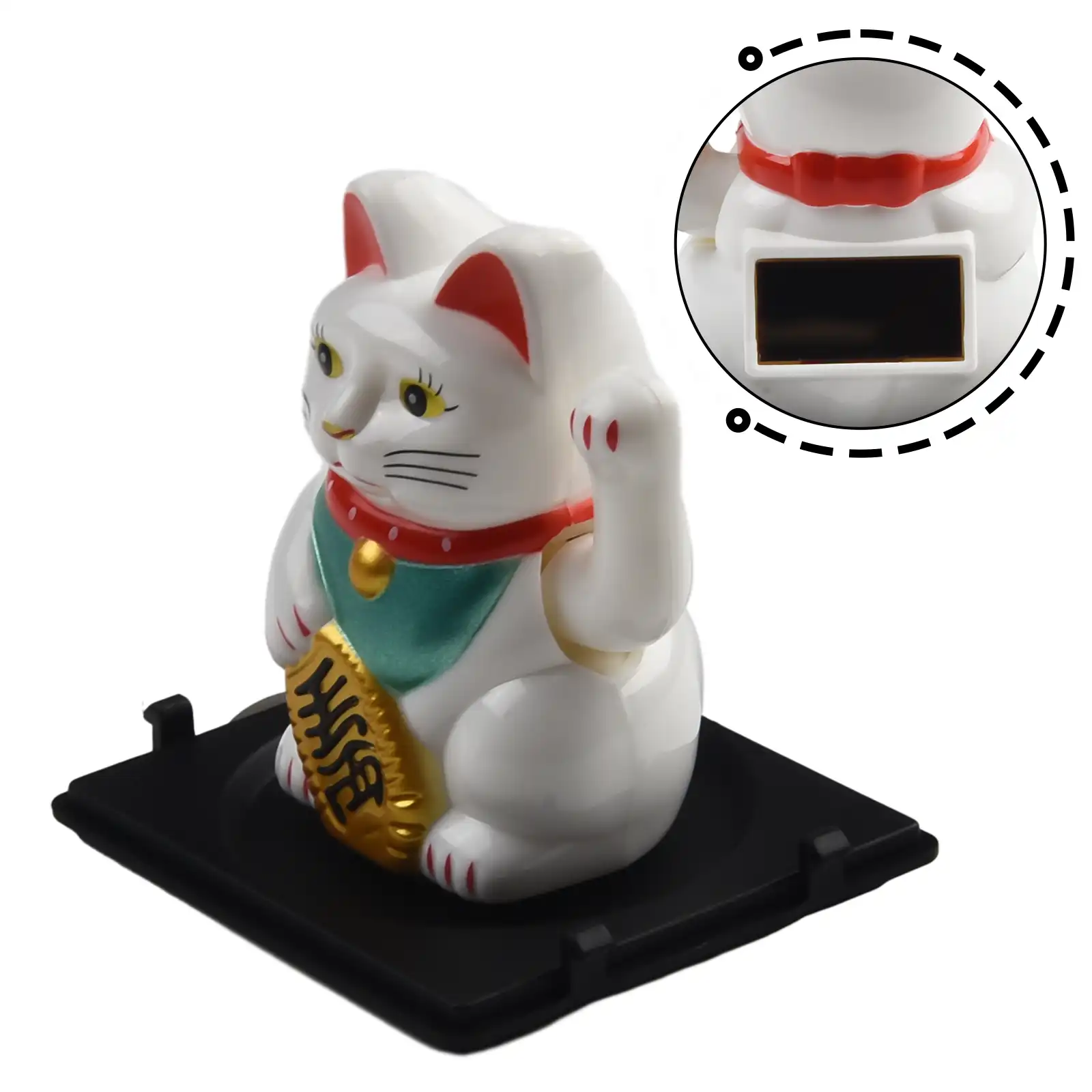Solar powered lucky cat showing automatic activation when exposed to light.
