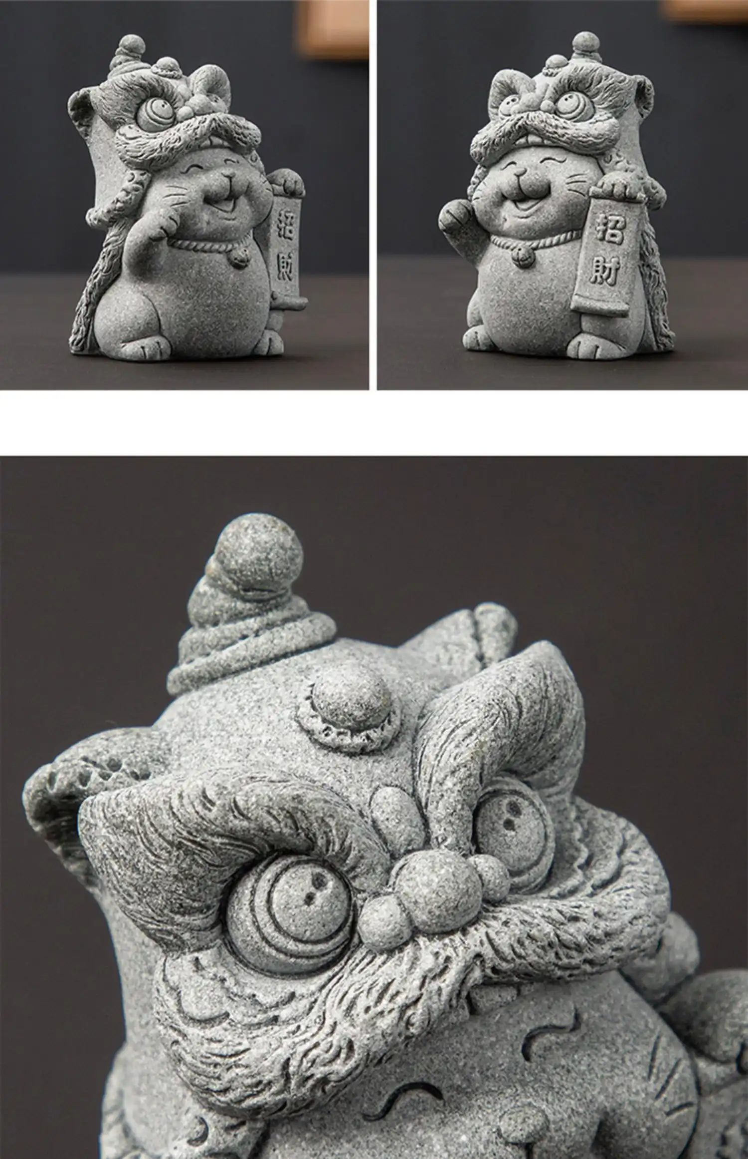 Gift packaging presentation of handmade stone cat tea pet for special occasions.