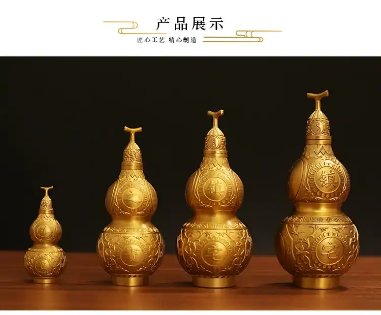 Chinese pure copper Wu Lou gourd with opening design for feng shui health and wealth attraction.