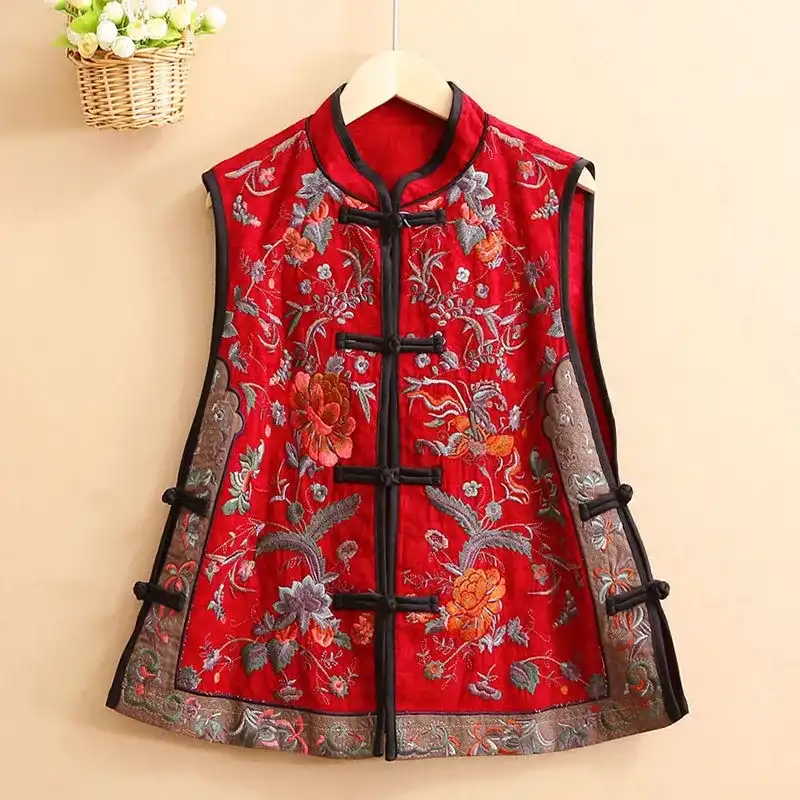 Embroidered vest styled for casual daywear with contemporary fashion pieces.