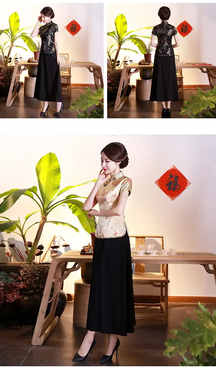 Dragon tang blouse styled for Chinese wedding ceremony with traditional accessories.