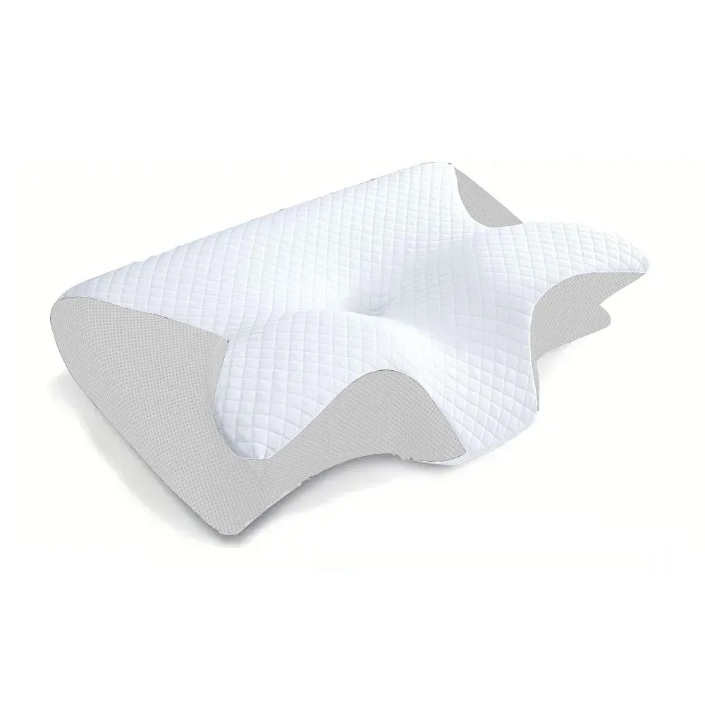 Before and after comparison showing neck alignment improvement with orthopedic pillow.