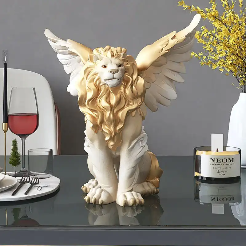 Lion sculpture displayed with indoor plants creating organic modern decorative arrangement.
